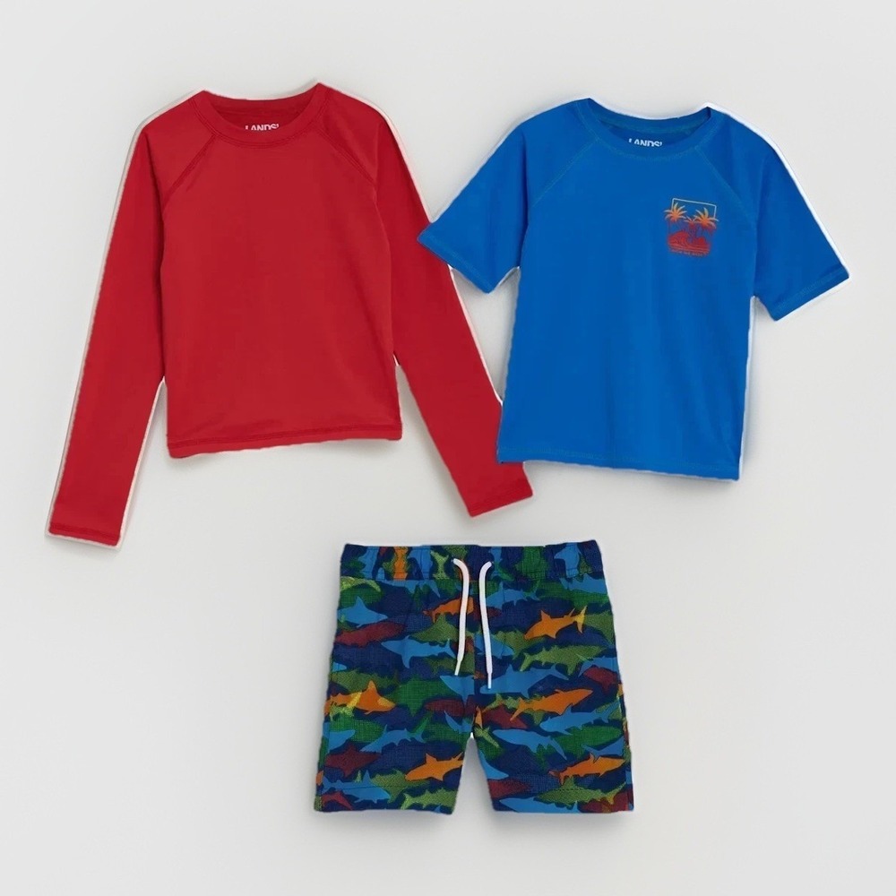 Lands' End 3 Piece Swim Set Rash-Guard Trunks Boy's Size 5 Red Shark Print